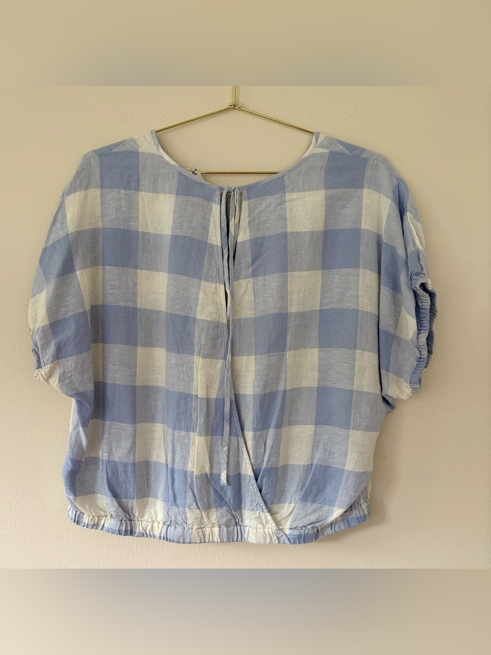 Madewell Blue White Gingham Puff Sleeve Tie Back Linen Blend Top M - Picture 4 of 5